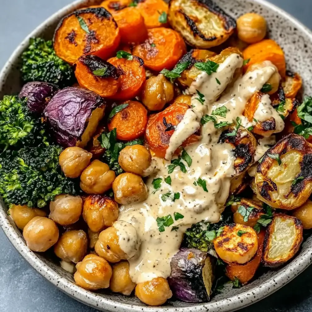 Roasted Veggie & Chickpea Bowls with Maple Dijon Tahini Dressing