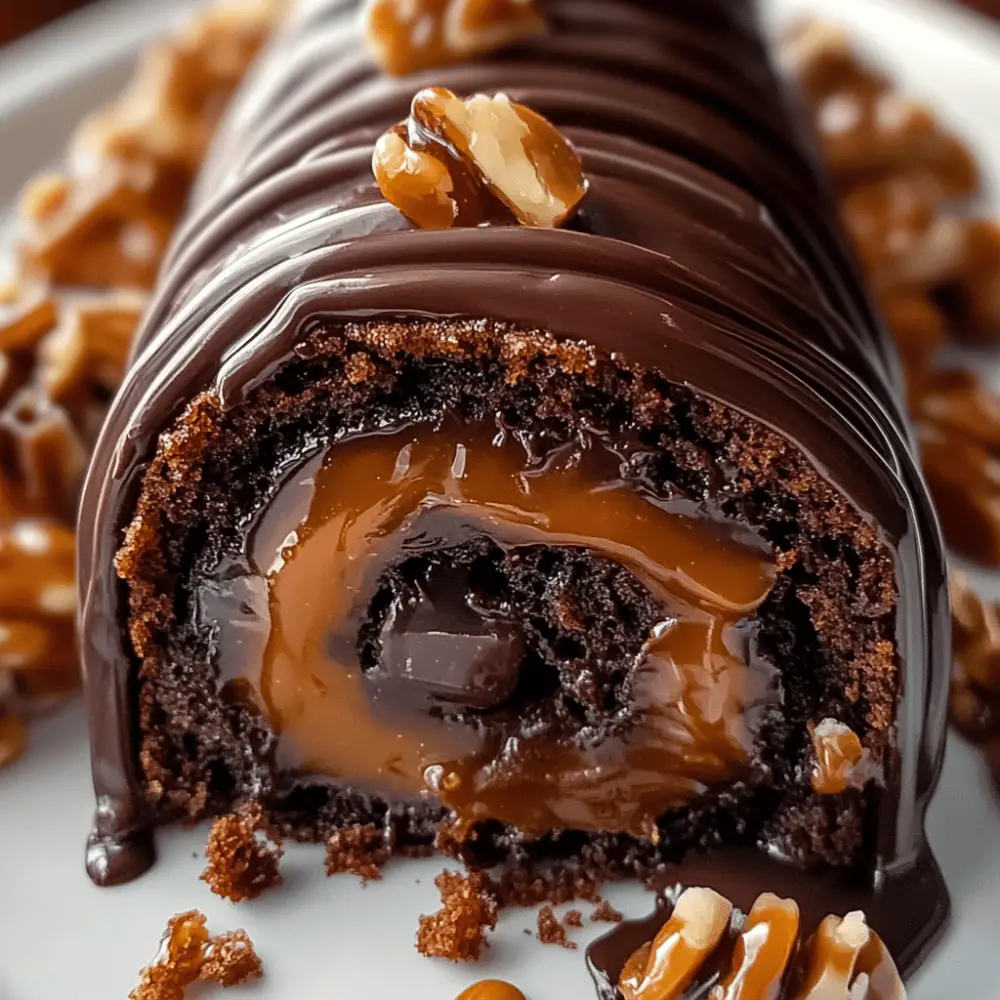 Gooey Chocolate Caramel Turtle Cake Roll