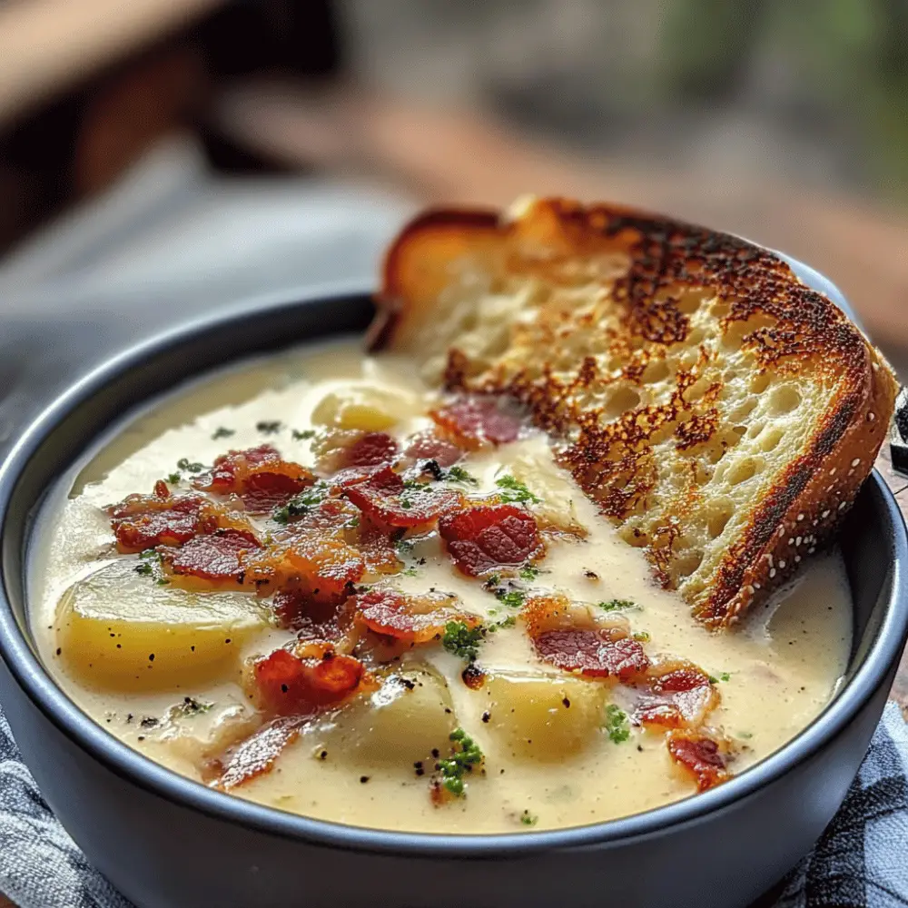 Potato and Bacon Soup with Cheesy Toast and Bacon