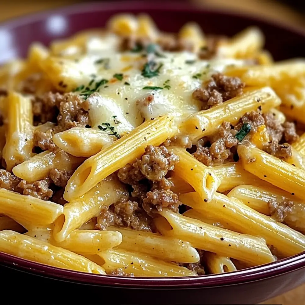 Cheesy Penne with Garlic Butter Ground Beef