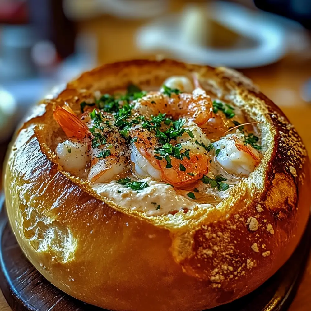 Creamy Seafood Soup in Sourdough Bowls