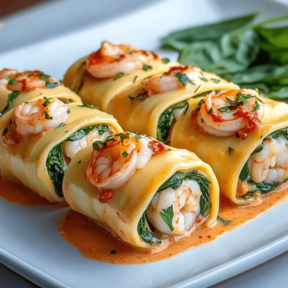 Shrimp and Spinach Stuffed Pasta Rolls with Roasted Red Pepper Cream