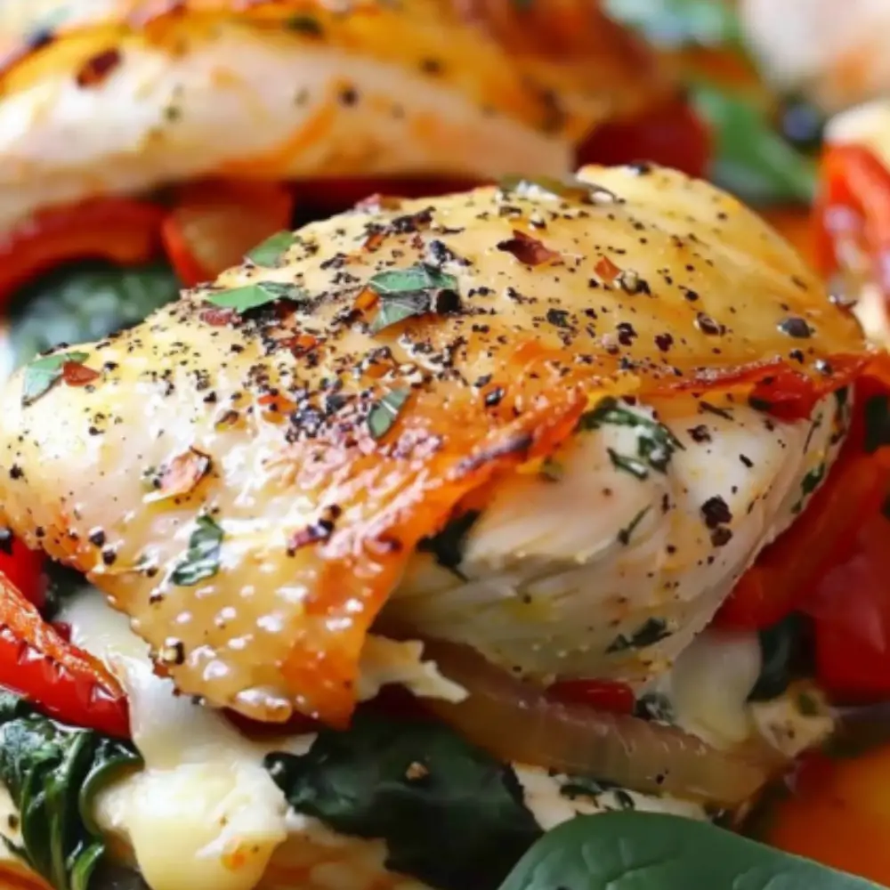 Roasted Red Pepper, Spinach & Mozzarella Stuffed Chicken