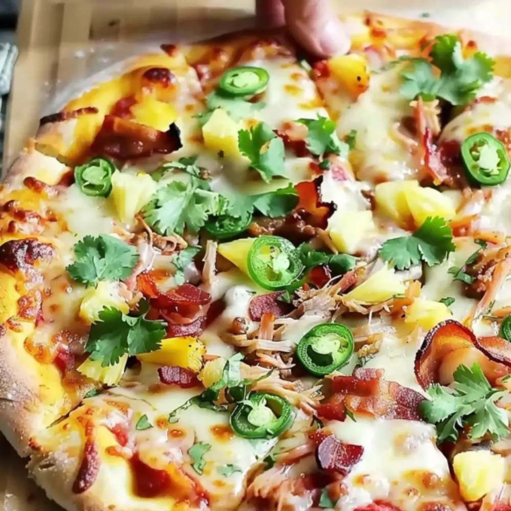 Pineapple Pulled Pork Pizza with Bacon, Jalapeños, & Cilantro