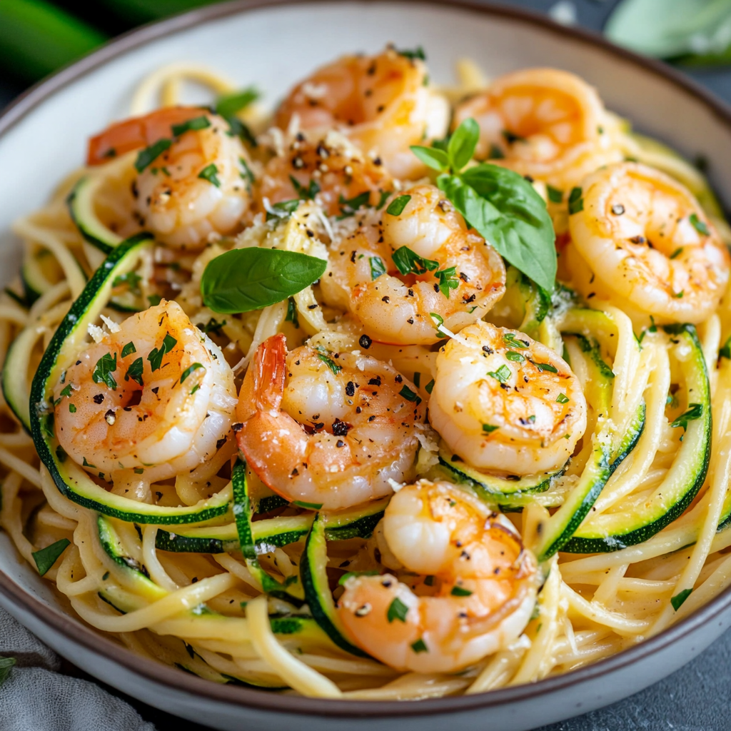 Spring Garlic Shrimp Pasta with Zucchini Ribbons
