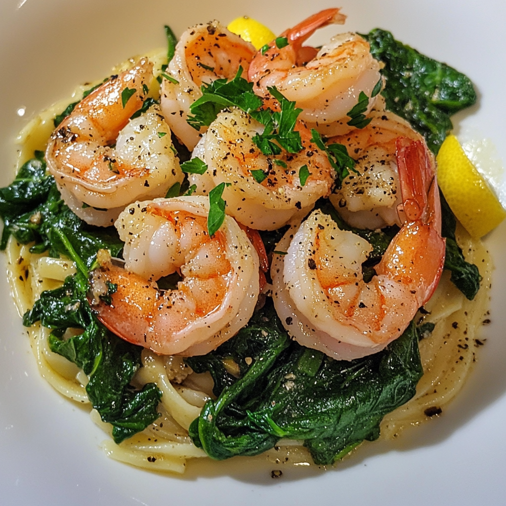Spring Lemon-Garlic Shrimp with Spinach Pasta