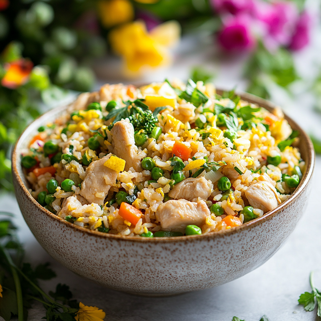 Spring Veggie Fried Rice with Chicken and Lemon Zest