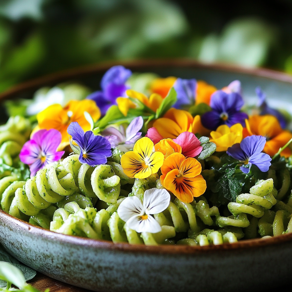 Green Pasta Salad with Edible Flowers