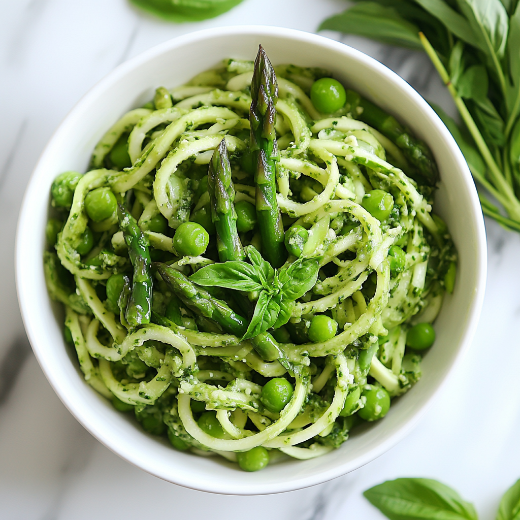 Zucchini Noodles with Asparagus Peas and Basil Vinaigrette