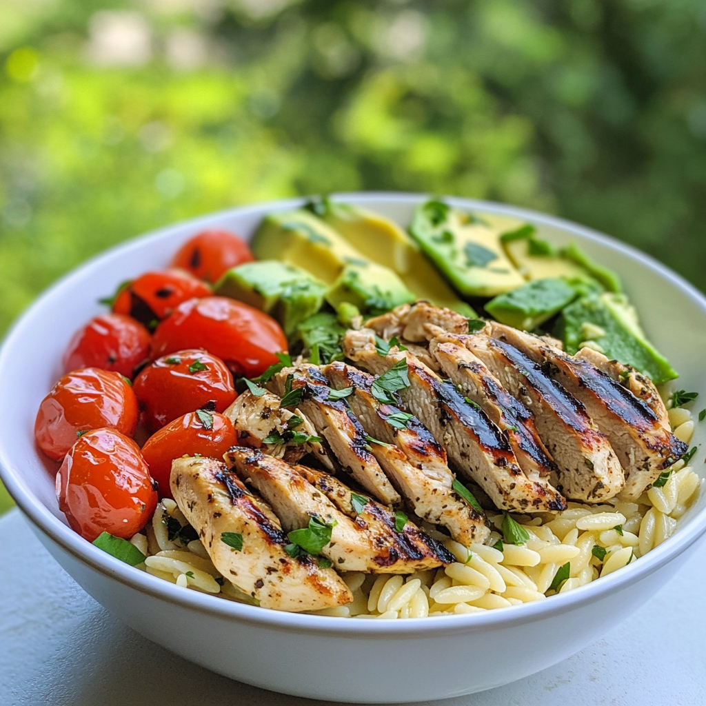 Lemon Herb Chicken Avocado Orzo Salad