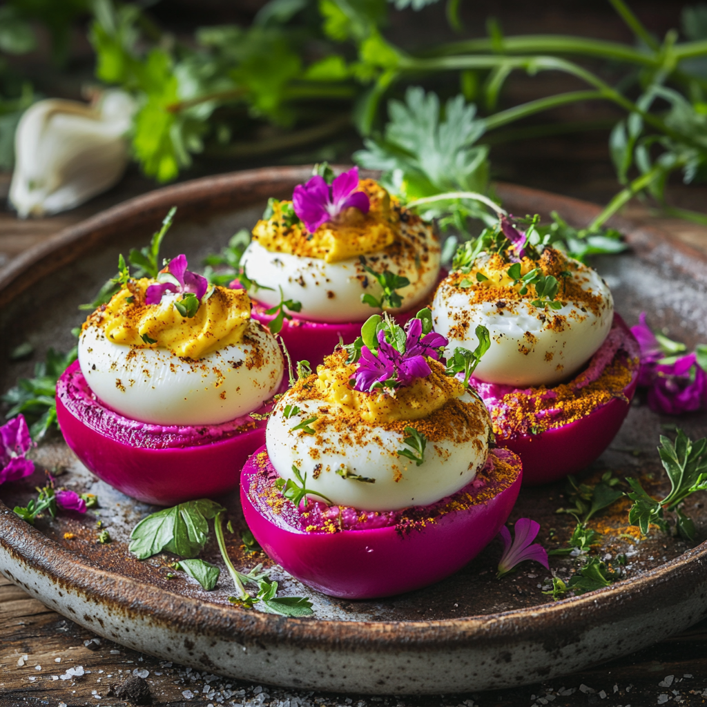 Spring-Themed Deviled Eggs with Natural Colors