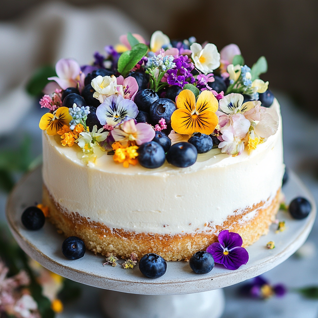 Spring Vanilla Cake with Fresh Blueberries and Edible Flowers