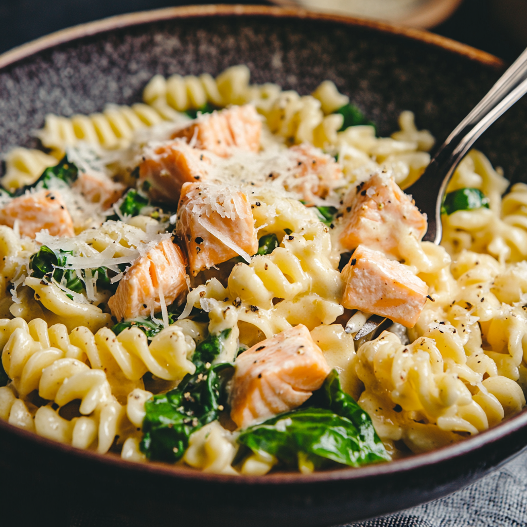Creamy Salmon Pasta with Mixed Greens