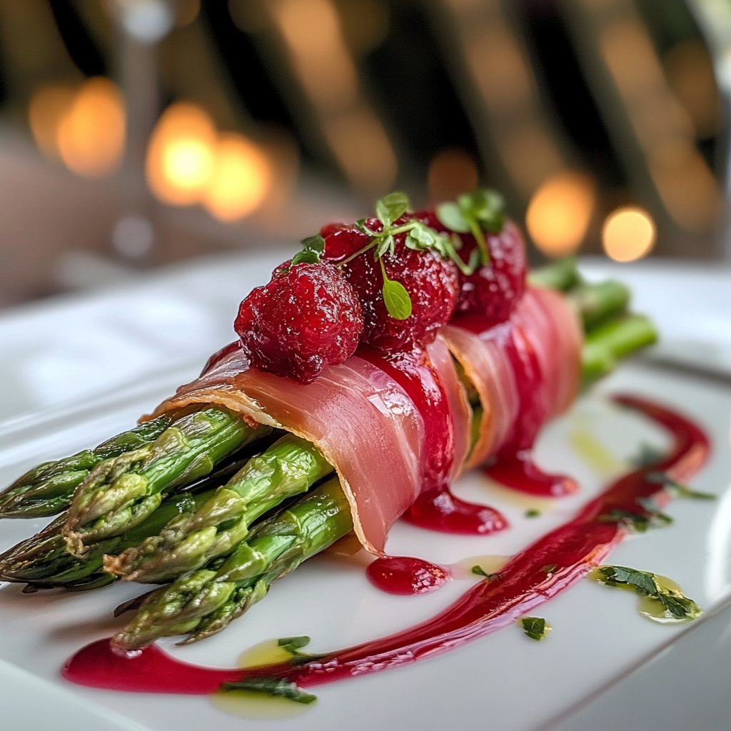 Prosciutto-Wrapped Asparagus with Raspberry Sauce