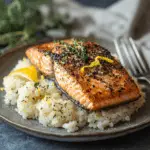 Teriyaki Salmon Avocado Rice Stack