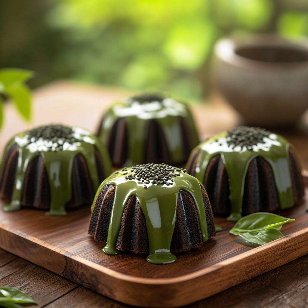 Matcha Glazed Black Sesame Bundt Cakes
