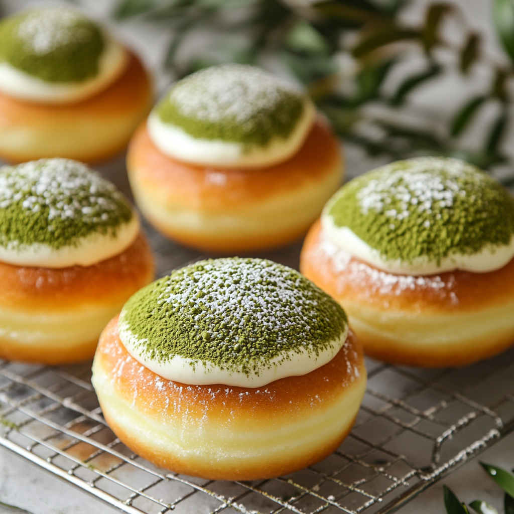 Matcha Doughnuts With Cream And Custard Filling