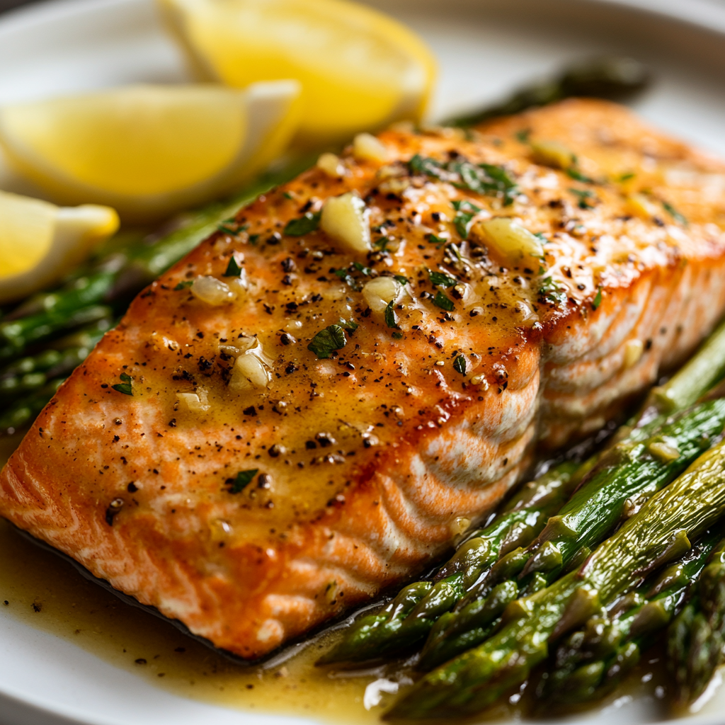 Salmon with Garlic Lemon Asparagus