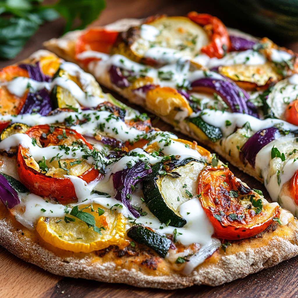 Rainbow Veggie Pizza with Yogurt Drizzle